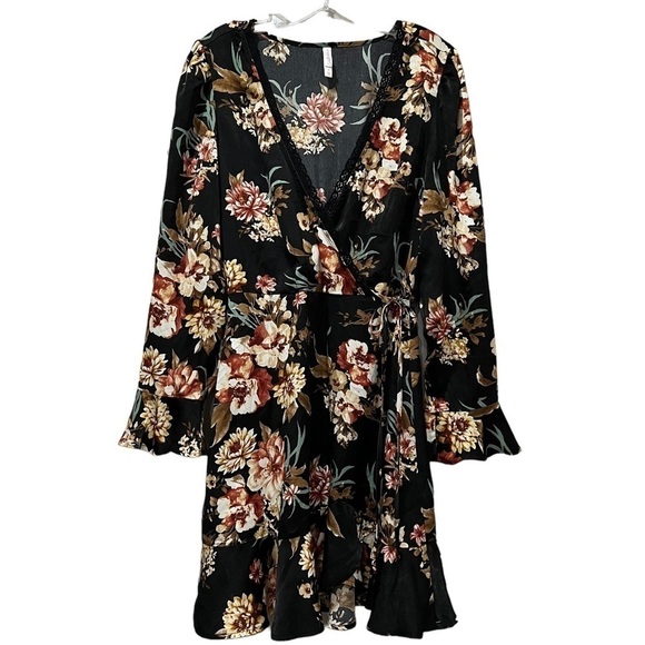Xhilaration Medium Liberty Floral Faux Wrap Long Sleeve Boho Mini Dress Ruffle O - Picture 1 of 6